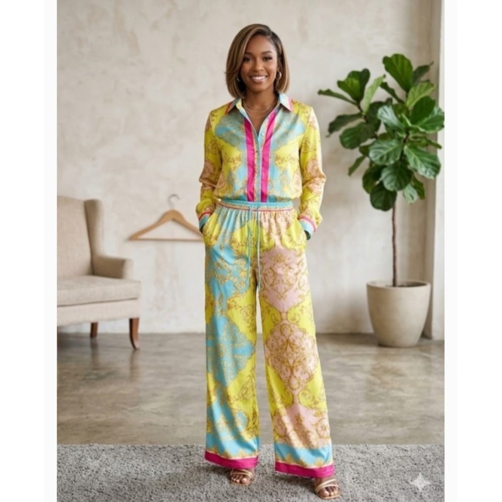 Endless Moon S Pattern Pant & Shirt Set Resort Wear Set Satin Button Elastic NEW